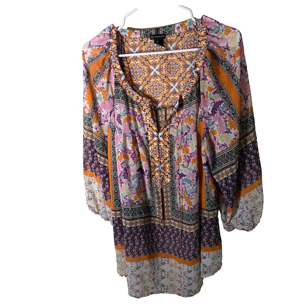 New Directions Blouse Women's 3X Colorful Sheer 3/4 Sleeve V-Neck Top Shirt